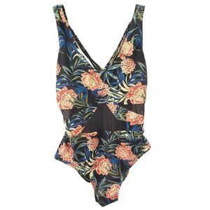 Tahiti Tropical Strappy 1-Pc Swimsuit Sz 3XL Multi Floral on Black Mesh Midriff